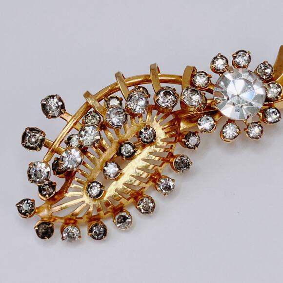 VTG 1950s Brooch Rhinestone Spray Leaf Mid Century Gold Tone Pin Jewelry Sparkly - Picture 11 of 11